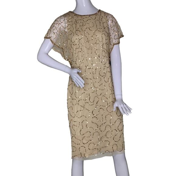 Adrianna Papell NWT Sequence Champagne Gold Sheath Dress Short Sle… - Picture 1 of 12